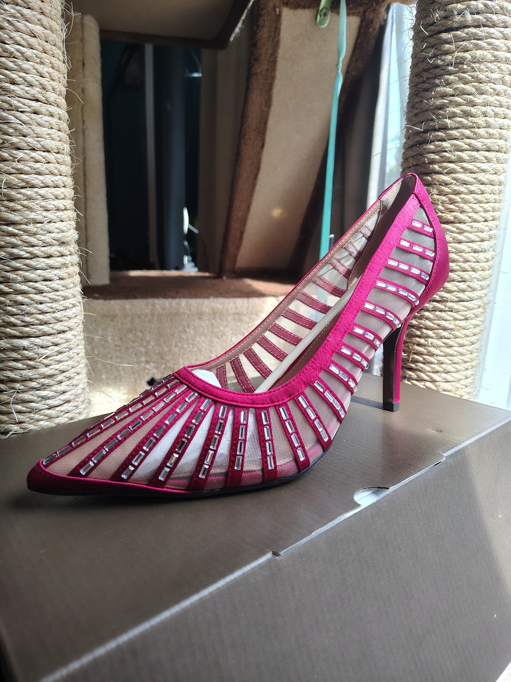 LPaolo Ruby Red Mesh Pointed-Toe Stiletto Pumps with Crystal Strips